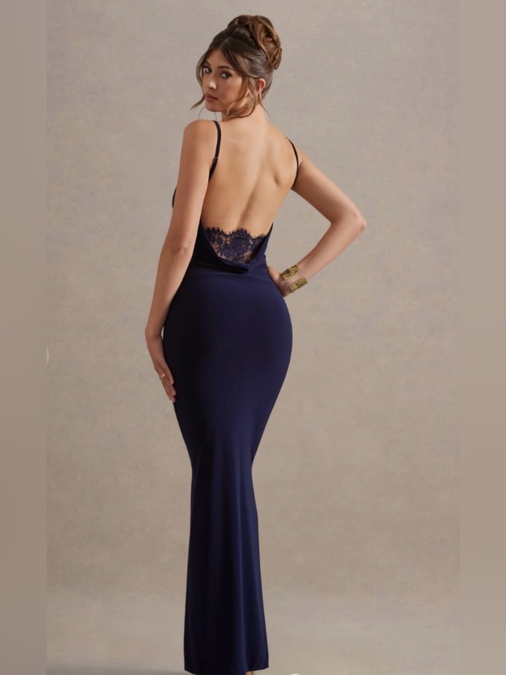 FRANCOISE Navy Cowl Neck Backless Maxi Dress With Lace Insert